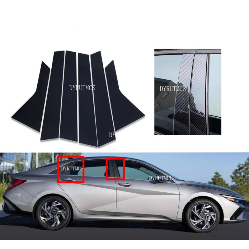 6Pcs Silver Gloss Black Pillar Posts Fit For Hyundai Elantra 2021 2022 2023 Window Cover Door Side Moulding Trim Sticker Carbon