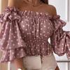 Summer Slash Neck Short Sleeve Dot Tie Dye Blouse Women's Ruffles Floral Print Crop Tops