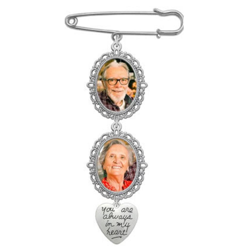2x Wedding Bouquet Photo Charms, Bridal Lacy Oval Pin Memorial Charms