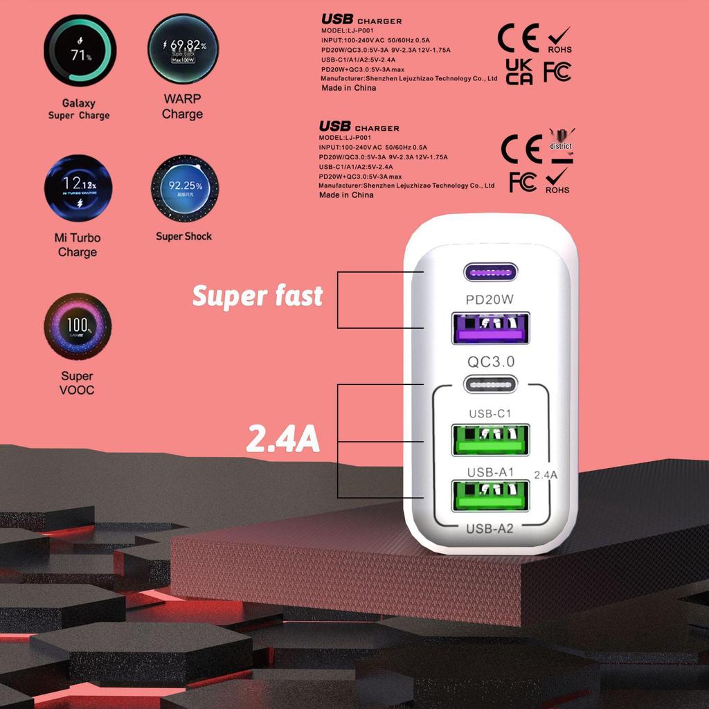 Certified 38W Multi-Port Fast Charger: 3 USB + 2 Type-C, Full Protocol Travel Charger for Mobile Phones With Flash/Fast Charging
