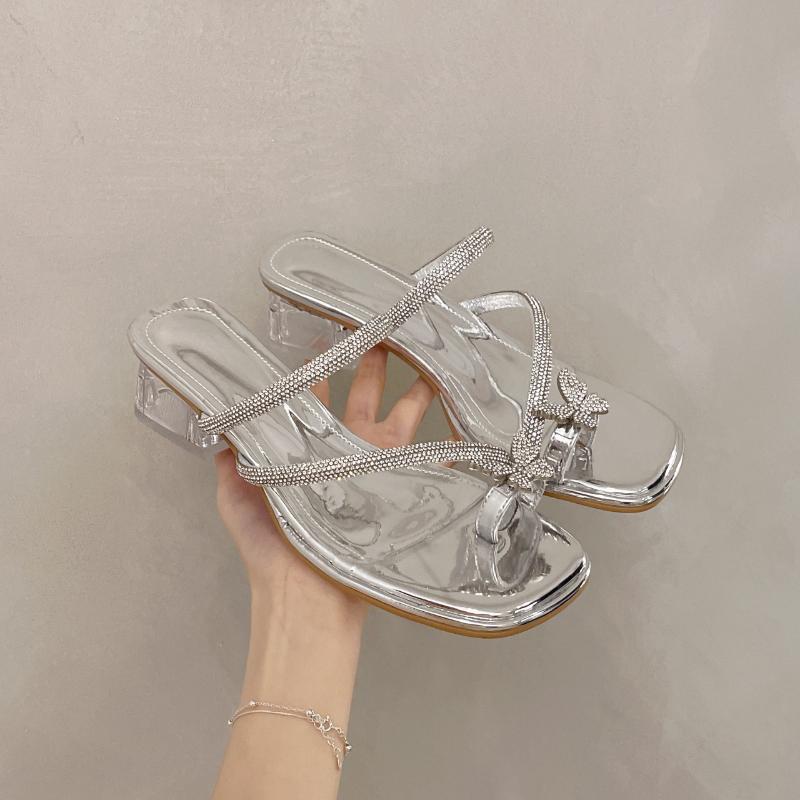 Fashion Women's Medium Heel Slippers Toe Clip Bow Rhinestones Square Toe Shoes Women Dress Square Heel Fairy Style Zapatillas De Mujer