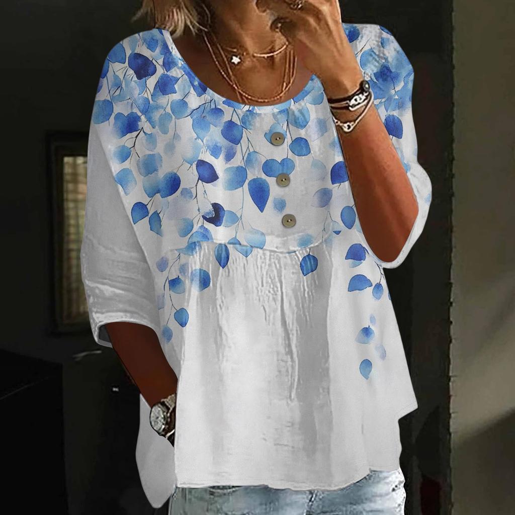 Damen Casual Mode Dreiviertelarm Locker Rundhals Knopf Karoprint Oberteil