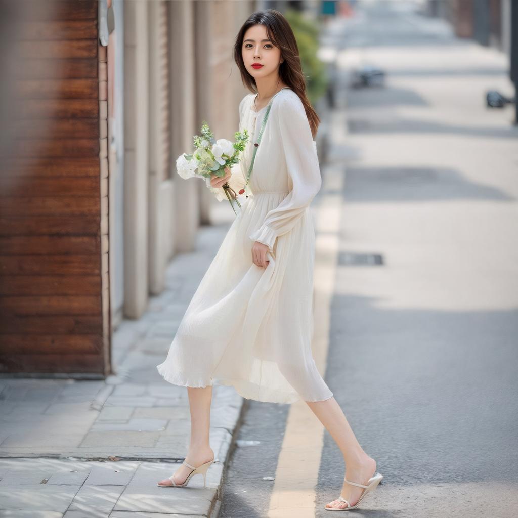 Nové jarní a letní svraštělé světlé šifonové krásné rozevláté rukávy úzké, na knoflíky dlouhé rukávy pro ženy, střední délka