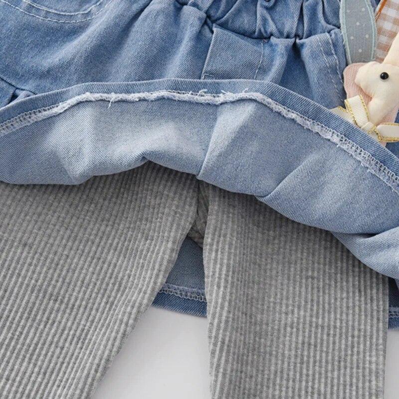 Girls Fake Two Skirts Pants Spring Autumn Children Casual Leggings Baby Kids Rabbit Cartoon Denim Skirt With Knitted Trousers
