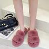 Autumn and winter new double with fluff mop outer wear fashion casual women's one-word cotton slippers flat bottom home plush slippers