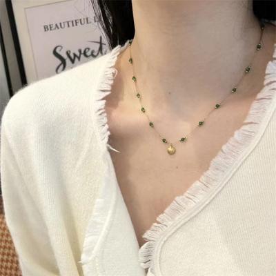 Collana con catena in lega placcata oro 18 carati, fatta a mano, con perline verdi e conchiglia, catena per clavicola, per donna, gioielli vintage per feste.