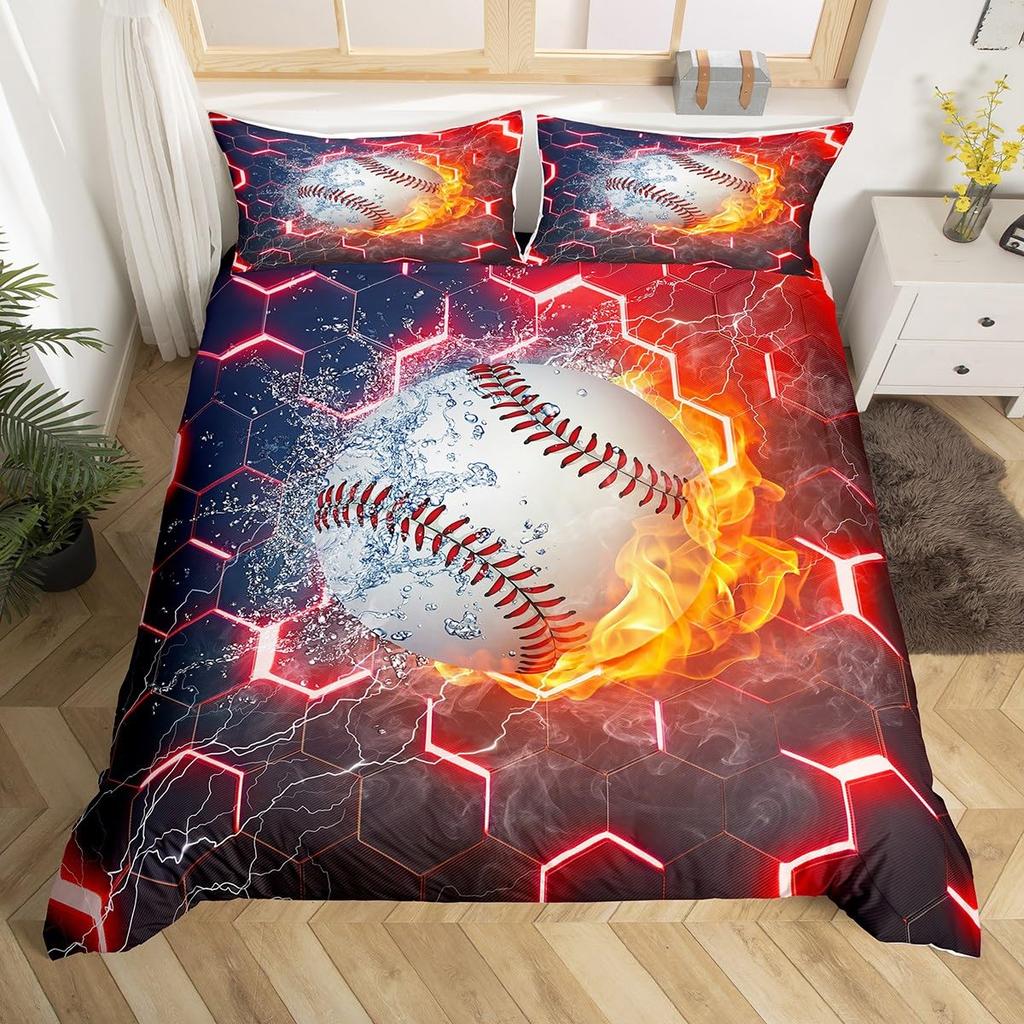 Set Biancheria da Letto Baseball per Bambini Set Copripiumino Sport con Palla Singolo King per Ragazzi Adolescenti Poliestere Mazza da Baseball Guanti Copripiumino