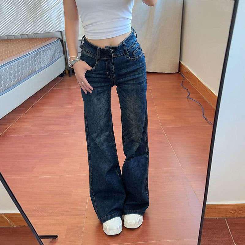 Women s Dark Blue Micro-Flare Low-Rise Jeans - Retro Style Plus Size, Straight Leg for Autumn/Winter. 2XL