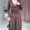 2025 Fall Women's Solid V-Neck Long-Sleeve Ruched Top & Wide-Leg Pants Set
