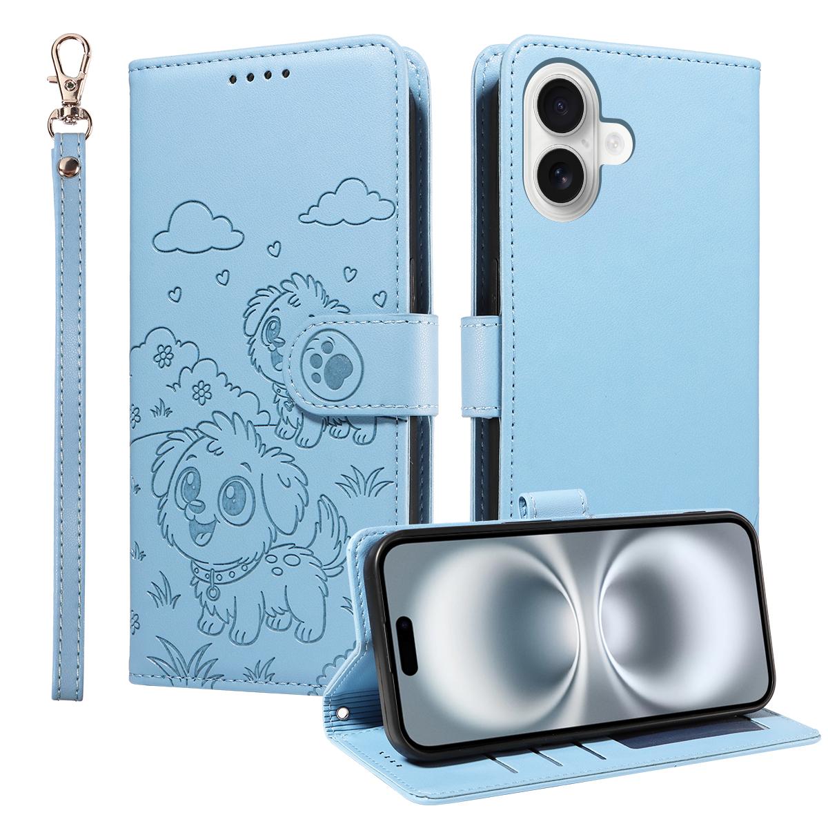 

For iPhone 16 Plus Case RFID Blocking Imprinted Dog Pattern PU Leather Phone Cover with Wrist Strap Blue