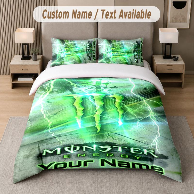 Custom Bedding Set Monster Energy Pattern, Print Name Text 1 Duvet Cover Plus 2 Pillowcases Home Textile