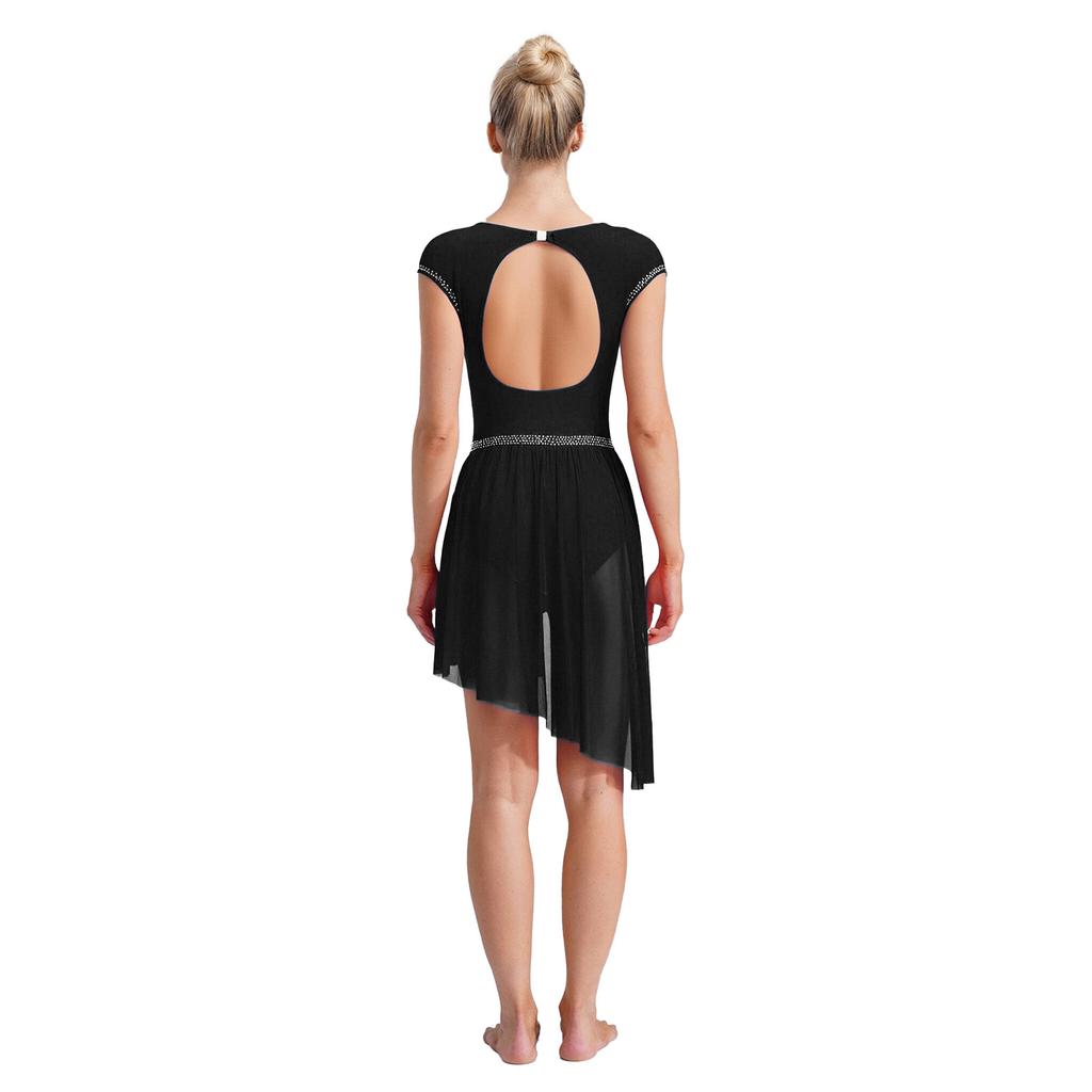 Dames Kunstschaats Leotard Jurk Gerimpelde Mesh Overlay Strass Onregelmatige Zoom Openbare Kruis Bodysuit