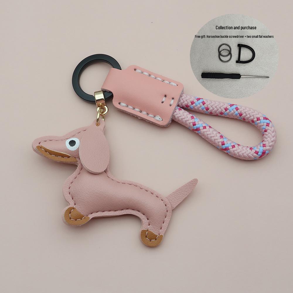 Mini Dachshund Cowhide Keychain: High-Quality Anti-Lost Lanyard with Cute Doll Pendant