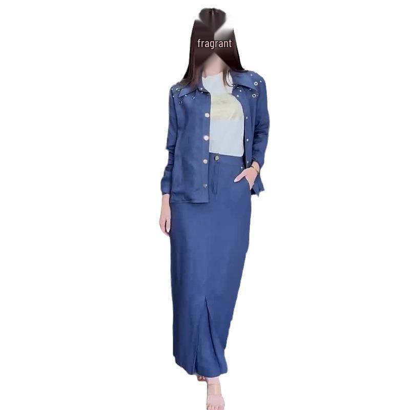 2024 Herbst Damen Zweiteiler: Einfarbiges Oberteil mit Umlegekragen & Hochtaillierter langer Rock