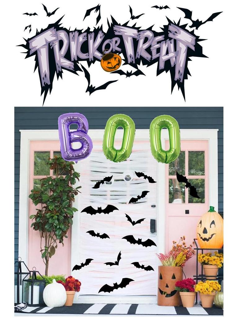 Halloween Decor Set: 3D Bats & 32" BOO Foil Balloons (12 Pieces)