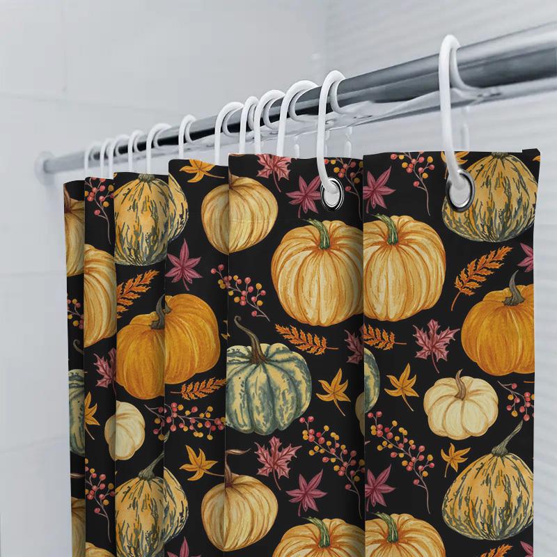 Fall Floral Printed Shower Curtain Set Autumn Pumpkin Decor For Bathroom Black, Yellow, Green Color Combination