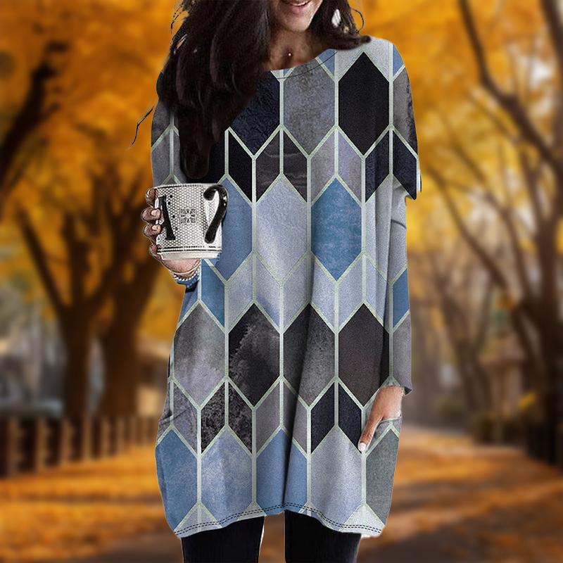 Neu Herbst Edelstein Print Übergröße Kleid Damen O-Ausschnitt Lange Ärmel Lässig Taschen Kleider