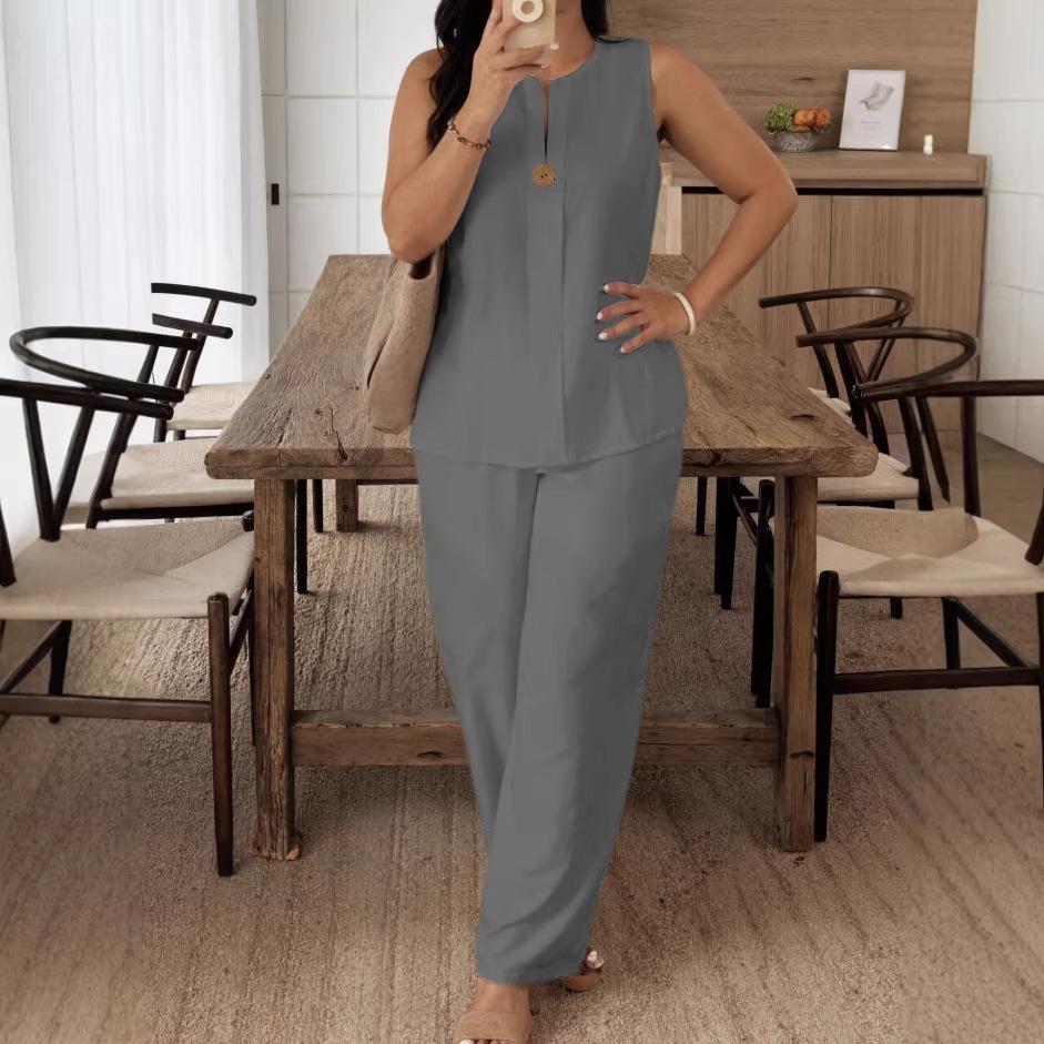 Womens White Sleeveless Top and Wide Leg Pants Two Piece Set