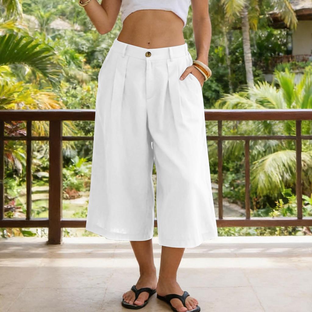 Women’s Casual Loose Fit Cropped Pants with Pockets Relaxed Mid Waist Wide Leg Seven Quarter Length Trousers for Everyday Wear