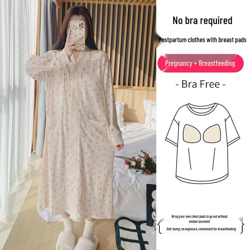 Long Sleeve Maternity Nightgown: Spring & Autumn Breastfeeding Pajamas with Cardigan for Pregnant Women