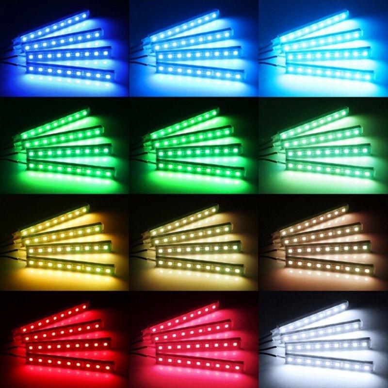 4Pcs 9LEDs Strip Light Wireless Remote/Voice Control Car RGB LED Neon Interior Lamp Decorative Lights
