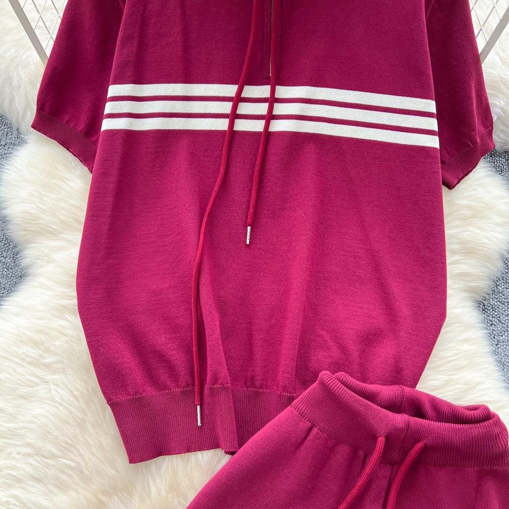 Summer Women Drawstring Knitted Sweater Trouser Two Piece Set Short Sleeve Zipper Pullover Tops and Wide Leg Pant Suit