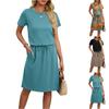 Letnie Sukienki Damskie Modne Krótki Rękaw Dekolt Okrągły T-shirt Sukienki Codzienne Wiązanie w Pasie Z Kieszeniami