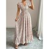 Summer Floral Printed Long Dress with Ruffled Short Sleeved V-neck Fashion Big Swing A-line Holiday Party Dress Elastic Waist Loose Casual Clothing