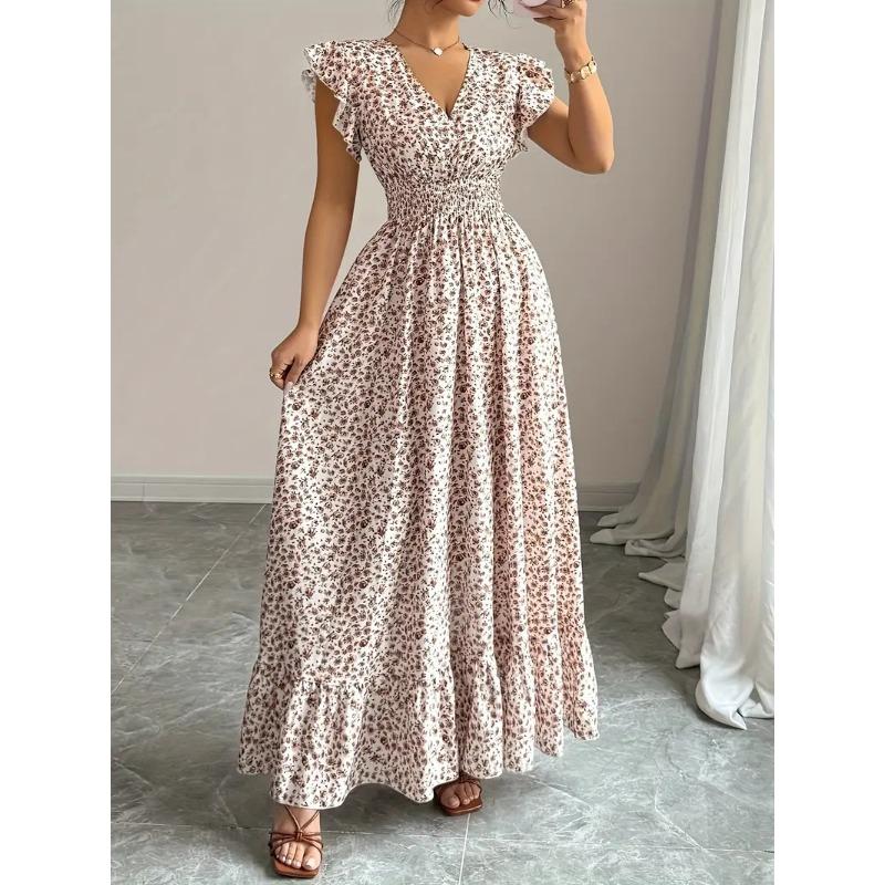 Summer Floral Printed Long Dress with Ruffled Short Sleeved V-neck Fashion Big Swing A-line Holiday Party Dress Elastic Waist Loose Casual Clothing