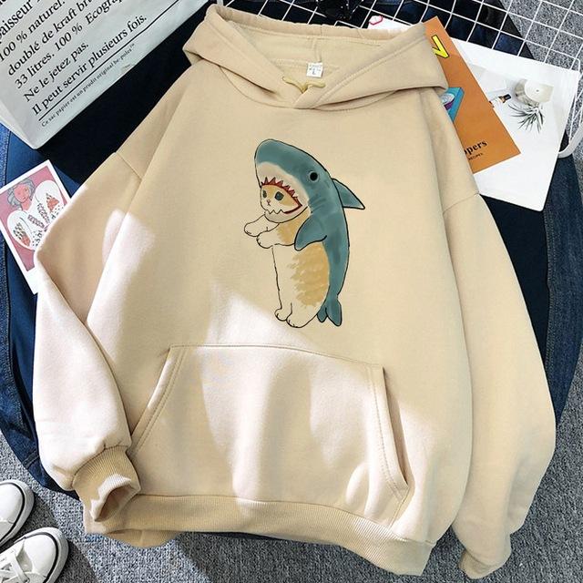 New Black Long Sleeve Hoodie Tops Woman Cat Shark Hooded Sweatshirts Funny Animal Cartoon Printing Graphic Pullover Streetwear
