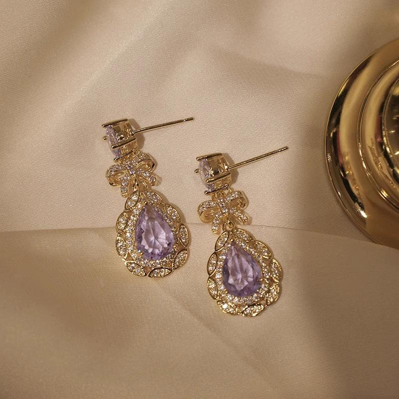 French purple water drop earrings, bow zircon light luxury jewelry, unique design temperament spring earrings