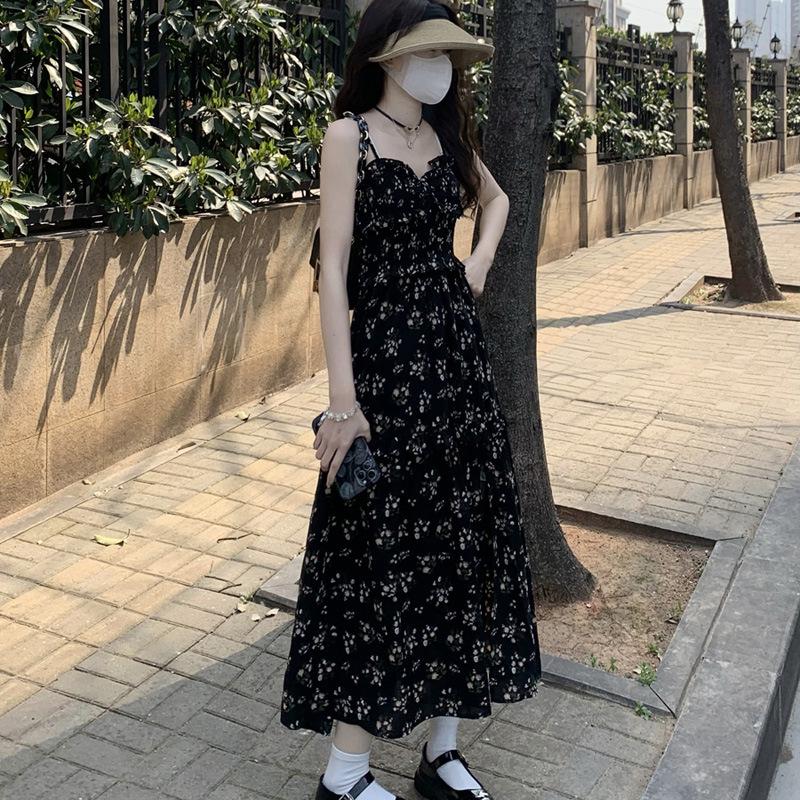 Women's Elegant Floral Spaghetti Strap Dress - Summer 2026 Design, Slimming Waist with Slit