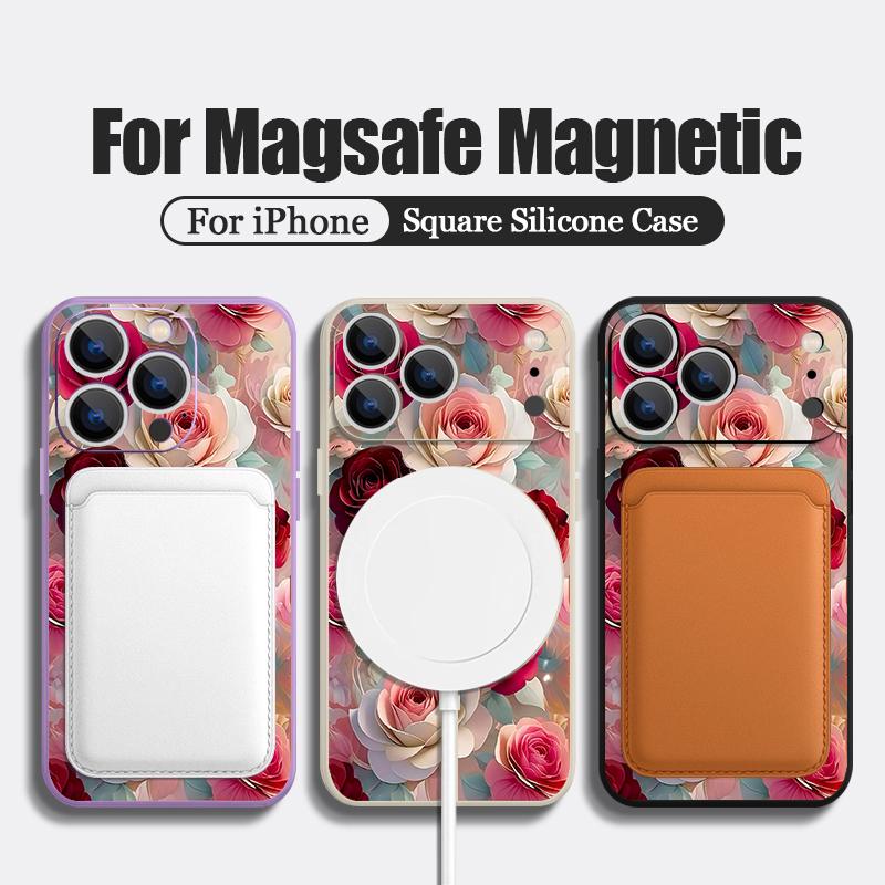 For iPhone 17 Pro Max Case Oil Painting Rose Flowers Magnetic For Magsafe Silicone Cover For iPhone 16 Pro Max Funda iPhone 15 14 13 12 11 16E