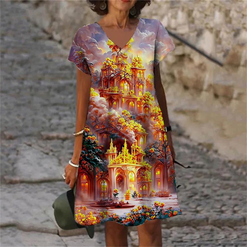 

Fantasy 3D Print Women Dress Fashion Elegant Sweet Casual V-Neck Short Sleeve A-Line Dress Oversized Summer Scenery Dress 6XL