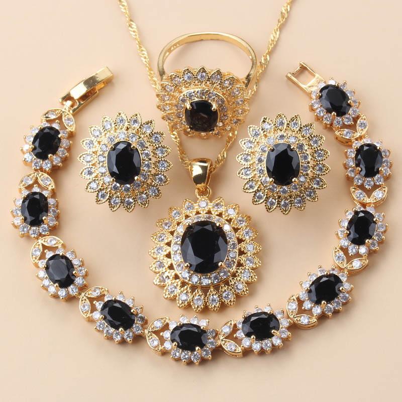 African Wedding Necklace Big Sunflowe Jewelry Sets  Gold Plated Luxury Woman Earrings Charm Bracelet And Ring Bridal Costume