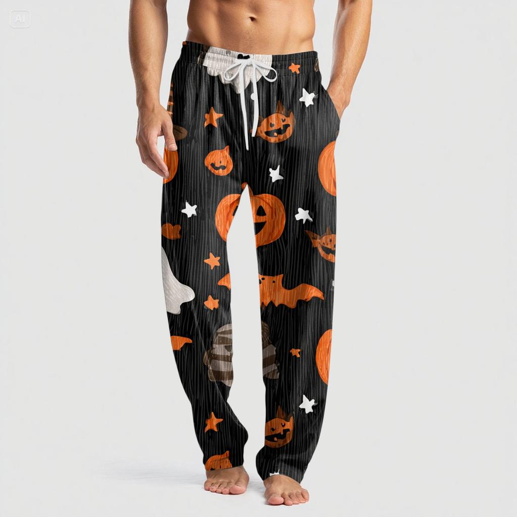 Men's Knitted Halloween Print Pocket Casual Pants Pajama Pants