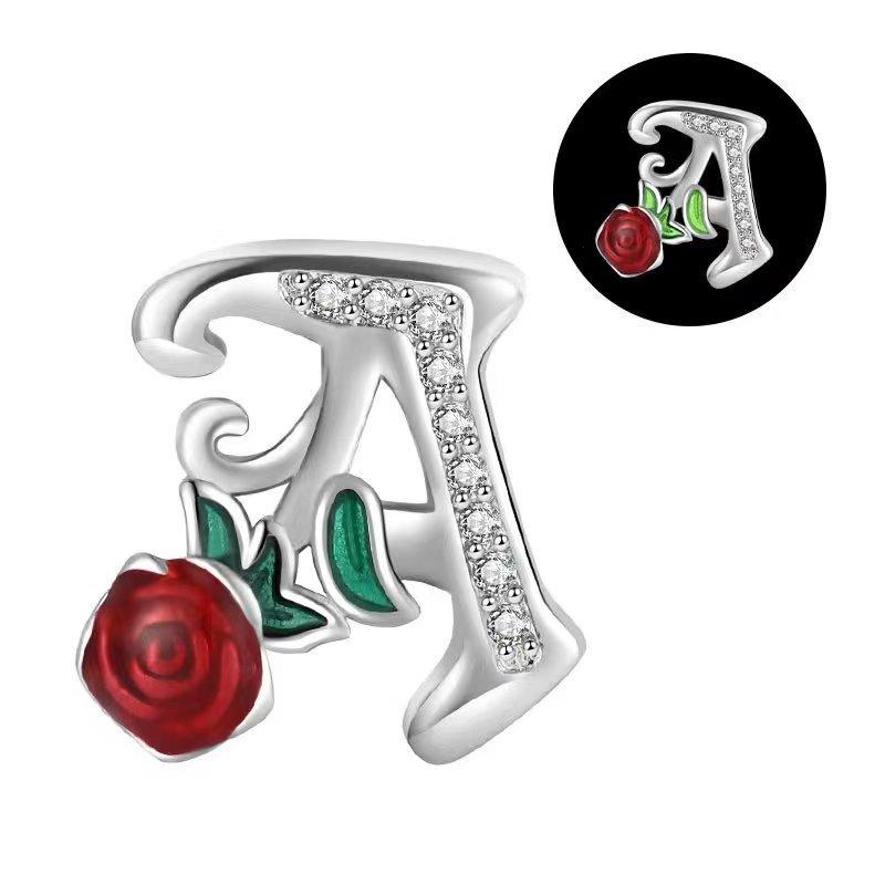 

Charm Bead Components Copper Metal Authentic Original Red Rose Flower English Letter White Zircon Bead Components Compatible With Bracelet High