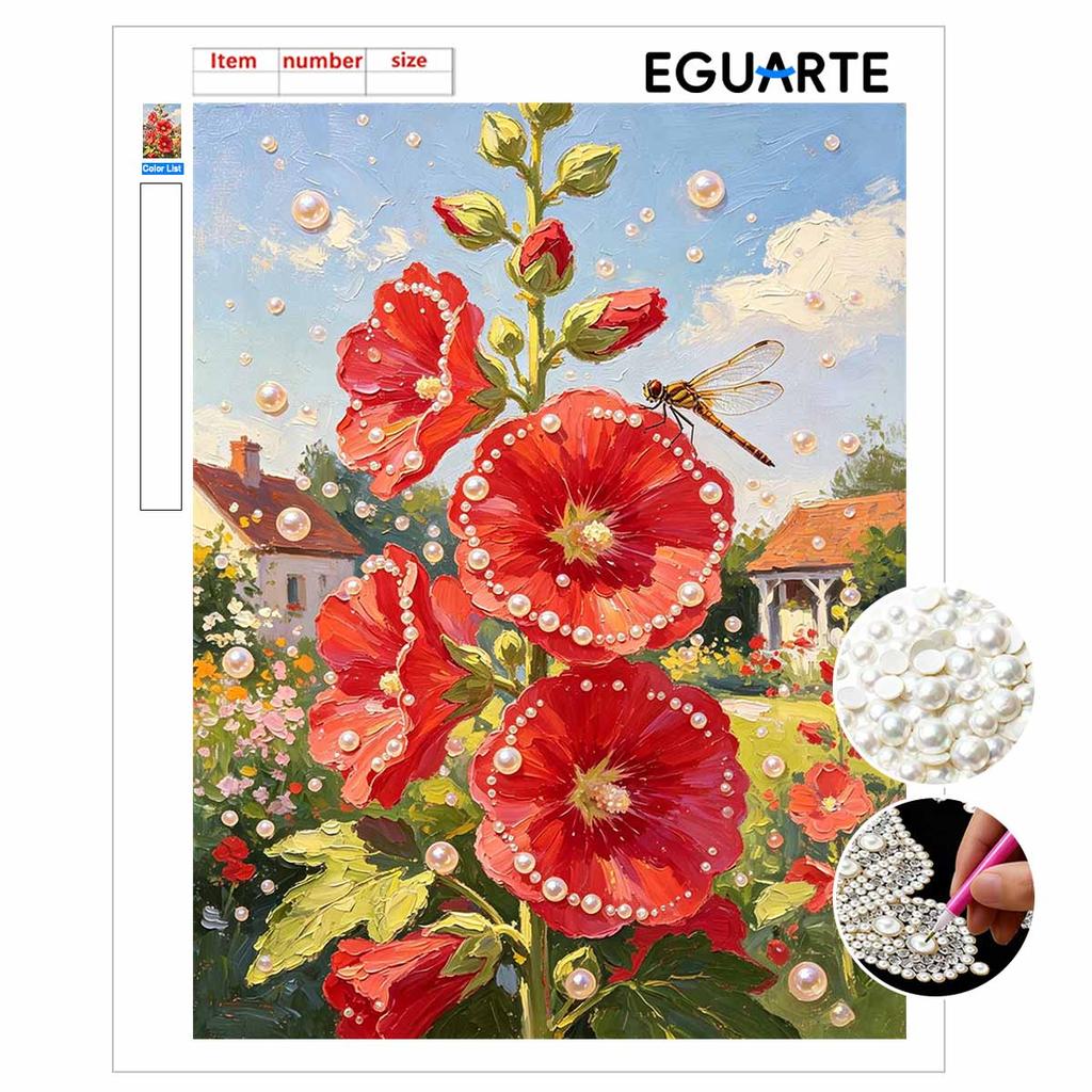 Pearl painting kit Red Hollyhock flower and dragonfly DIY home decoration painting