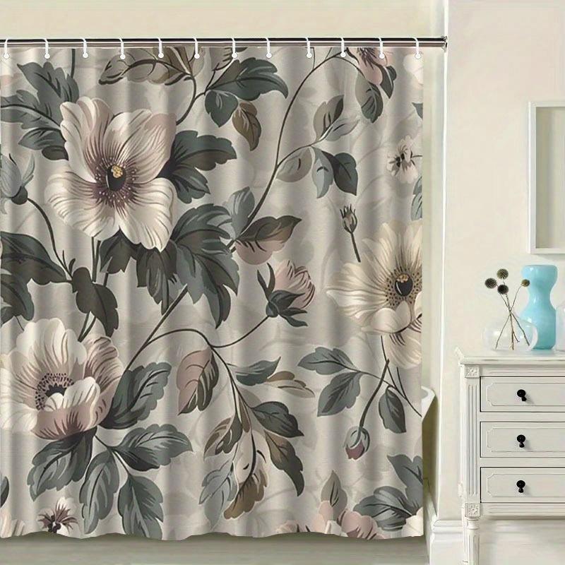 1pc Grey and beige botanical patterned shower curtain, polyester fabric, machine washable, suitable for bathroom decor.