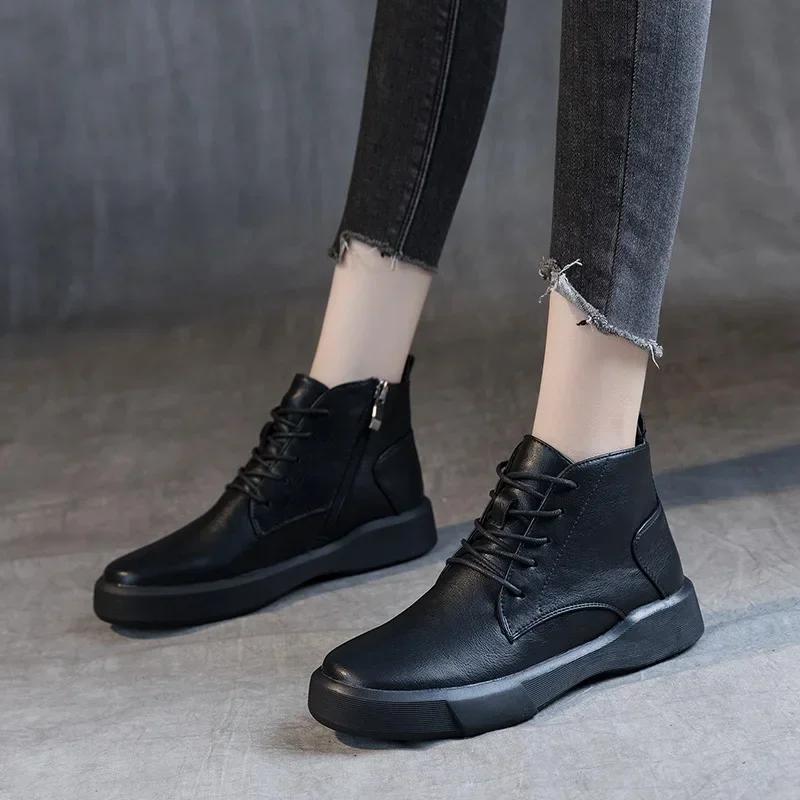 Spring and Autumn Winter Leather Thick Bottom Women's Retro Plus Velvet Round Head Short Boots Casual Breathable Low Cut Boots