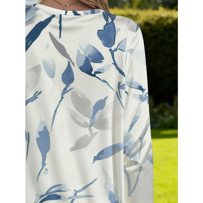 Women's Plus Size Elegant Blue Leaf Print Loose Long Sleeve Top with Pockets