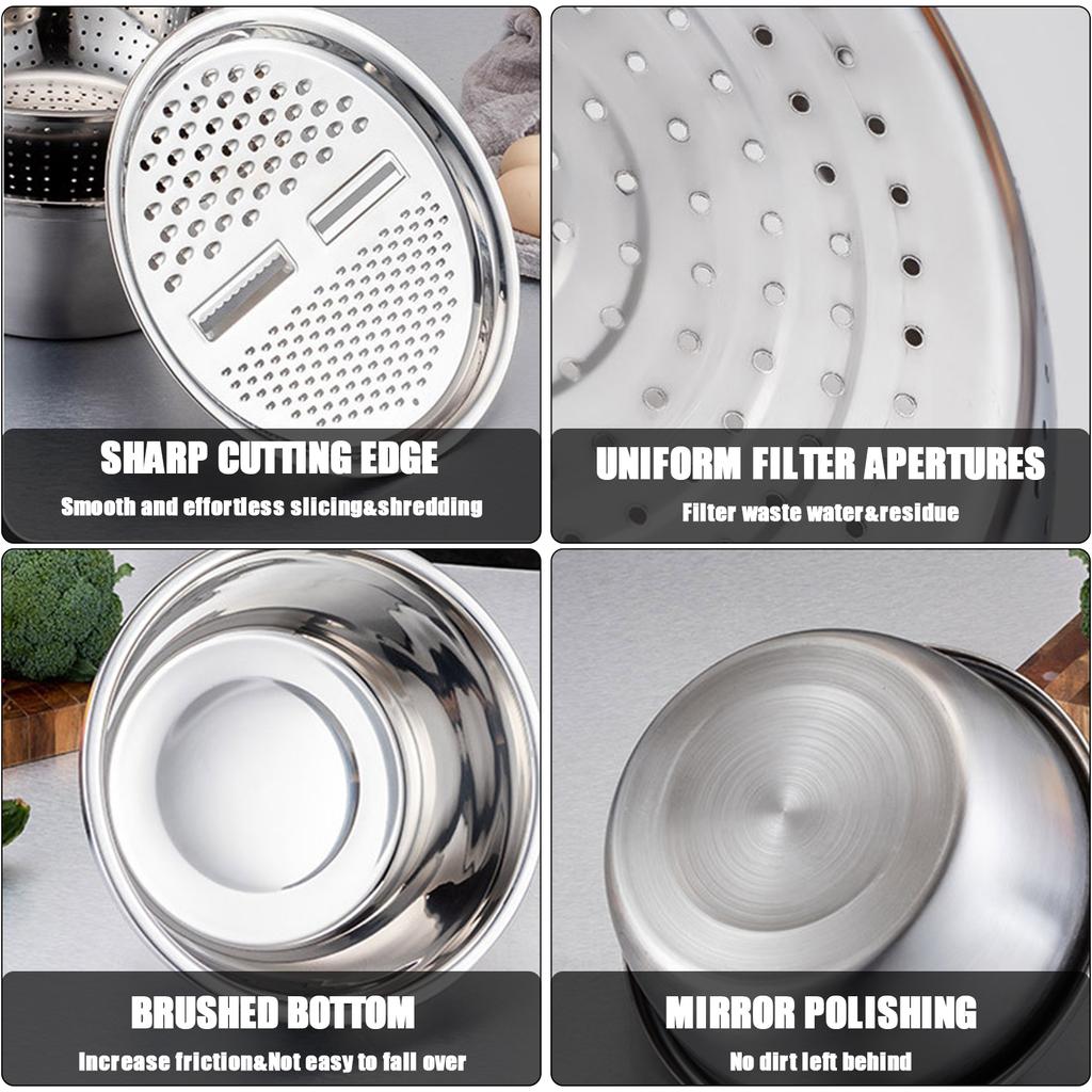 3 in 1 Kitchen Basin Grater, Colander Cutter   with Strainers 10.2 Inch Stainless Steel Mandoline Rice Washing Pasta Mixing Dough Knding Bowls