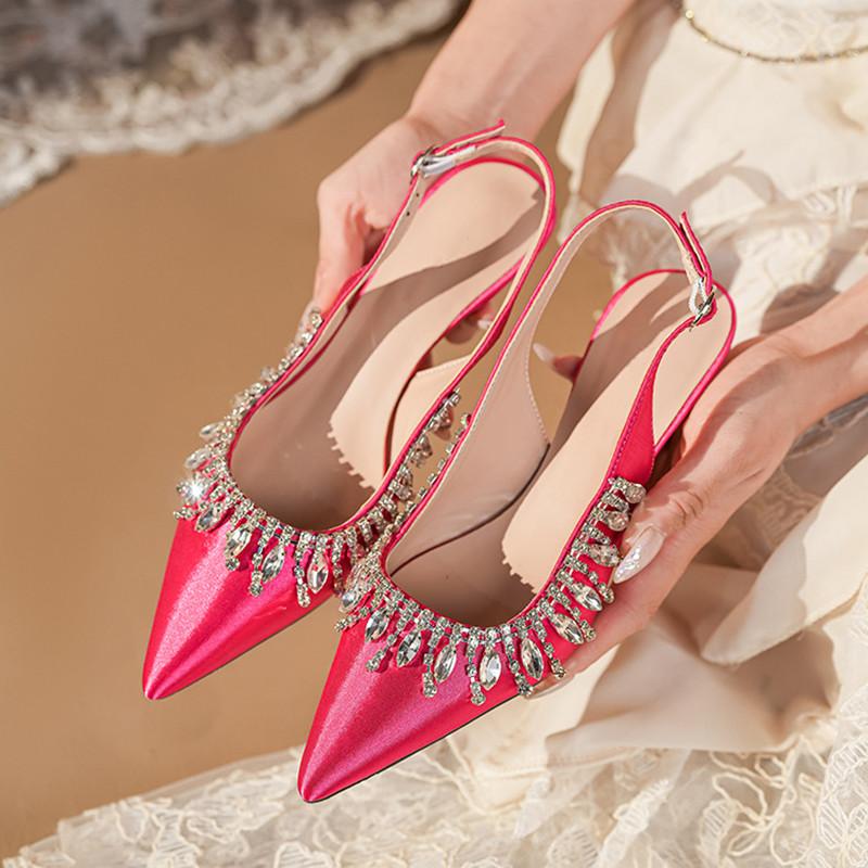 

Fashion Luxury Rhinestones Tassel Satin Women Pumps Elegant Pointed toe Stiletto High heels Slingbacks Fashion Spring Summer Party Shoes 34