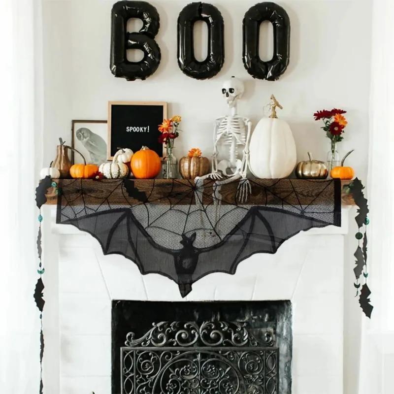 Halloween Lace Curtain Gothic Bat Tablecloth Fireplace Scarf Window Cover For Party Home Decoration Cobweb Halloween Wholesal