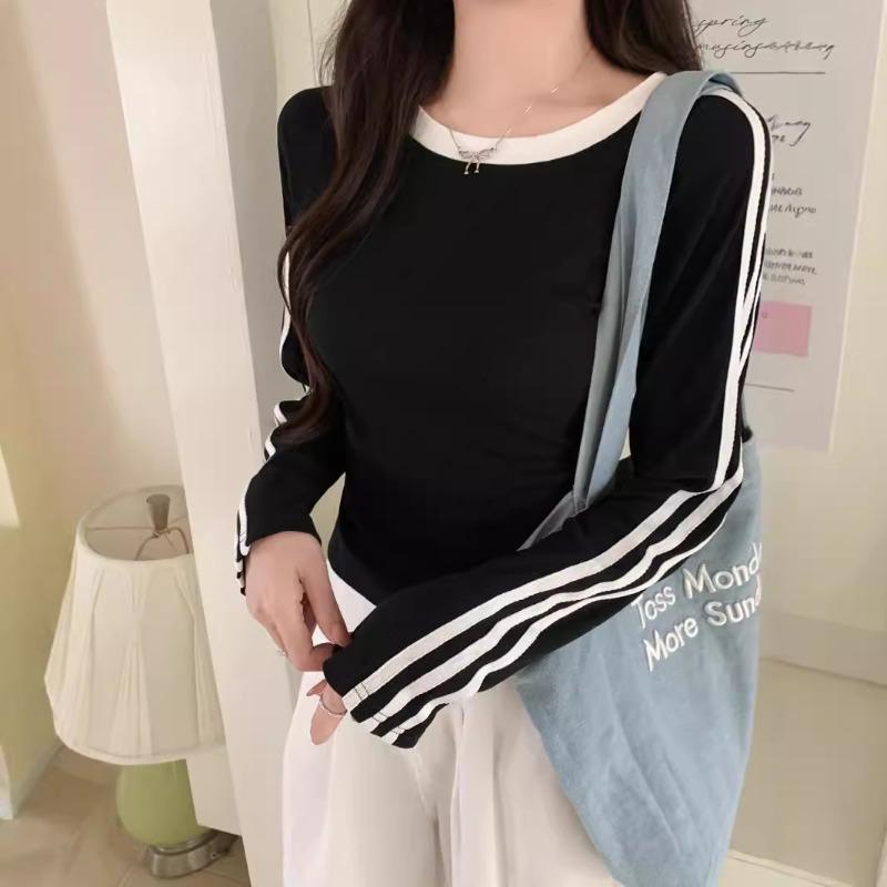 Real shot striped long-sleeved T-shirt for women's early autumn slim-fitting and thin inside with short bottoming shirt