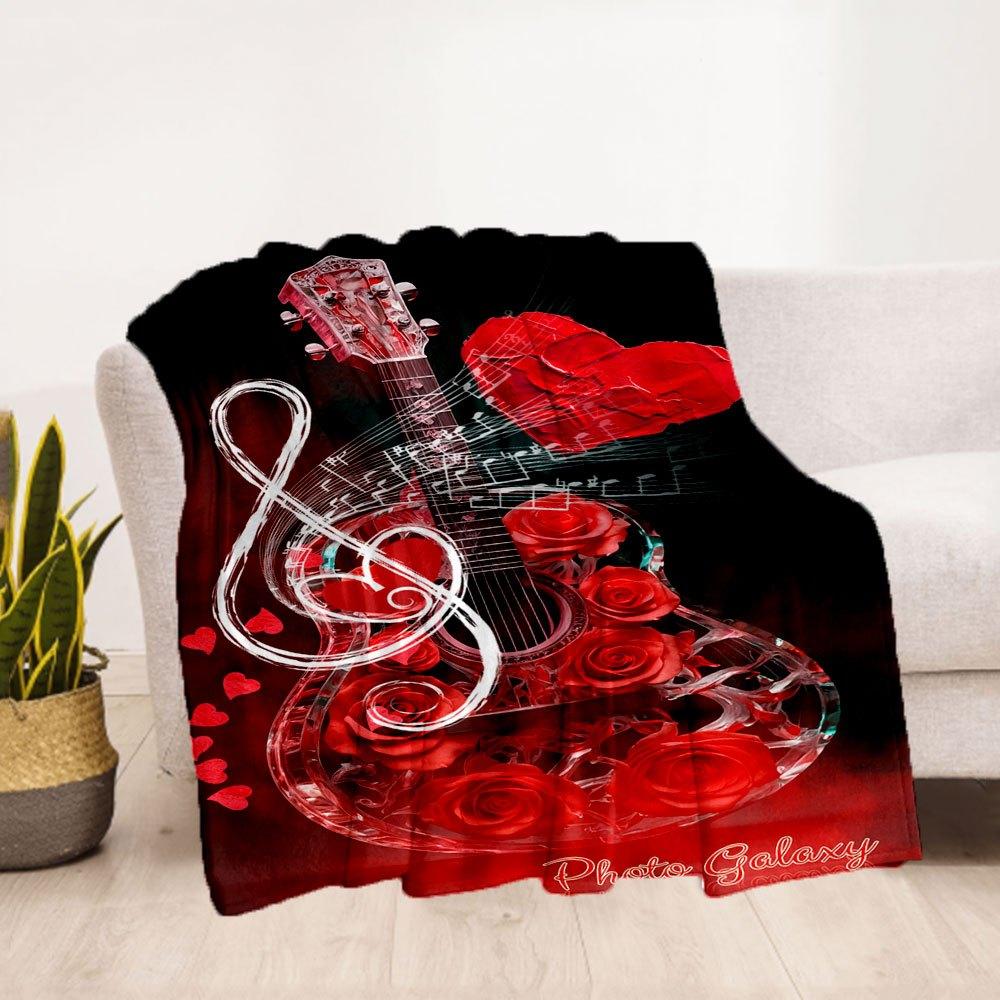 "Red Rose Acoustic Guitar Music Notes Wall Art Print Poster"Blanket Flannel Throw Blanket for Sofa, Bed, Travel, Camping, Office