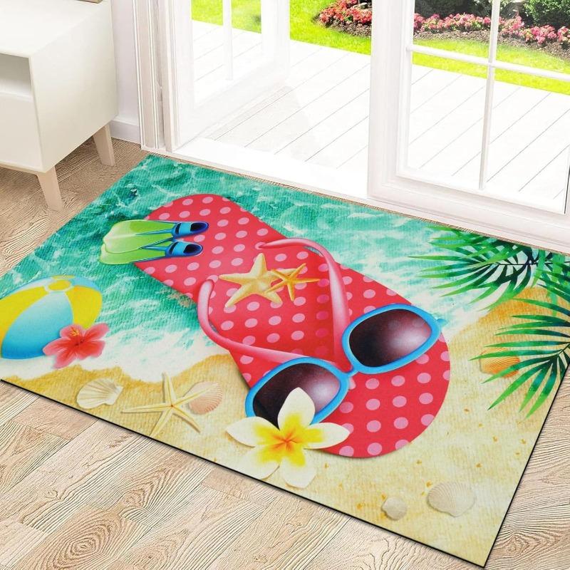 Summer Coastal Beach Welcome Door Mat Colorful Seashell Starfish Print Non-Slip Entryway Rug Tropical Ocean Home Decor Floor Mat