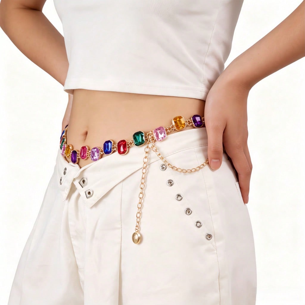 Colorful Diamond Waist Chain for Women, European and American Alloy, Water Diamond, Gold Plated Metal Waist Chain