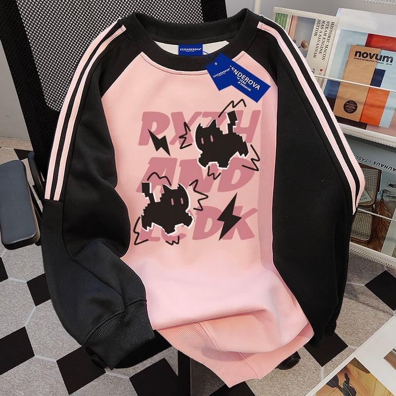 

Pure Cotton Retro High Street Letter Three Stripes Round Neck Sweatshirt Women Autumn Winter Loose Tops M чёрный/розовый