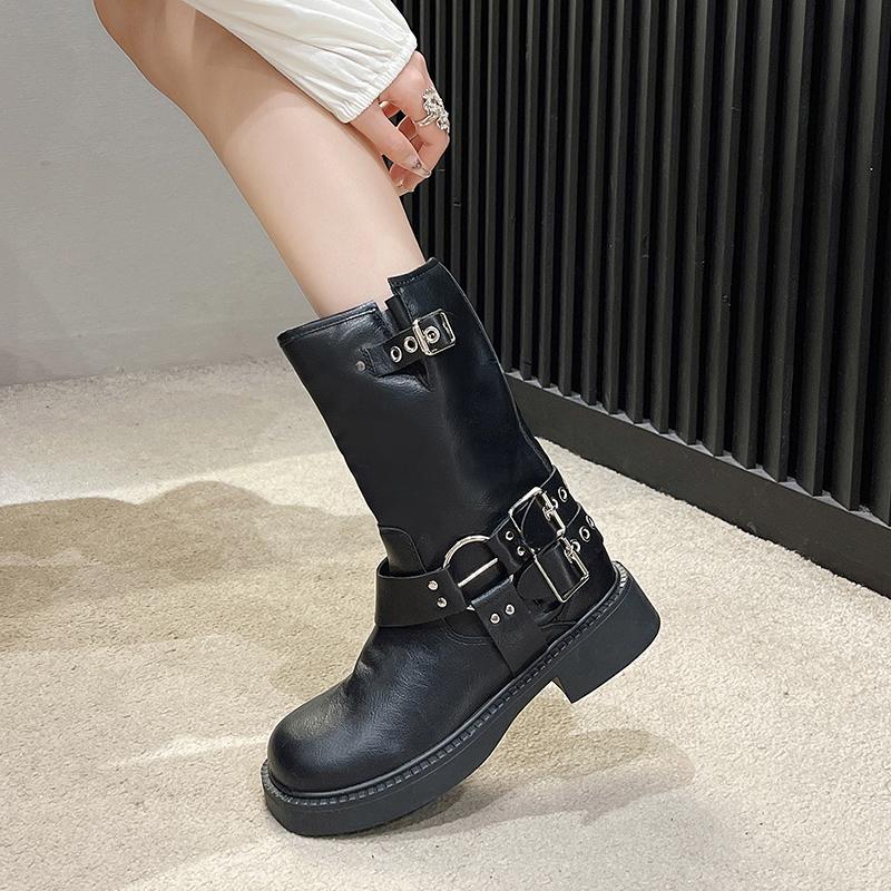 Women's Rivet Designer Thick-soled Short Leather Boots Low Heel Black Buckle New Style Punk Short Boots